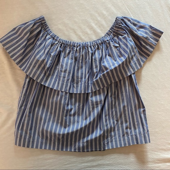 Aritzia | Wilfred | Hollande Off the Shoulder Blouse — Blue/White | Size Small - Picture 5 of 9